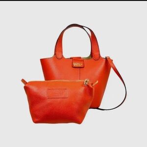 Orange Leather Tote and Pouch Set